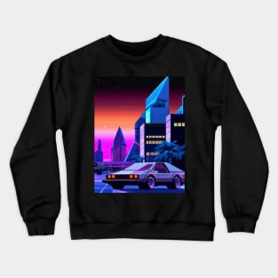 Retrofuturistic cyberpunk  car in synthwave city Crewneck Sweatshirt